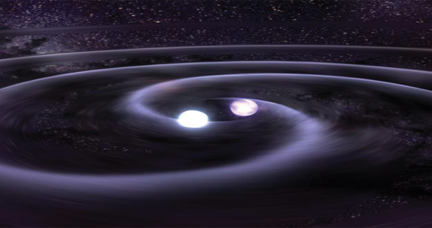 An artists rendition of two neutron stars circling each other, about to merge.